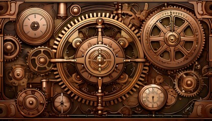 Fototapeta premium Intricate steampunk machinery with gears and cogs in a bronze tone