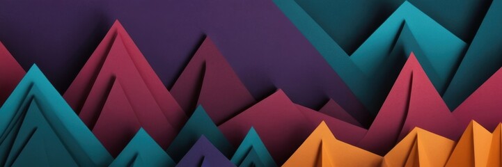 an abstract design featuring a series of overlapping triangular shapes that resemble stylized mountains. The triangles are in various colors, including shades of blue, purple, red, and orange.