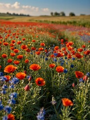 Fototapeta premium Colorful wildflowers – red poppies and blue cornflowers among grain crops.