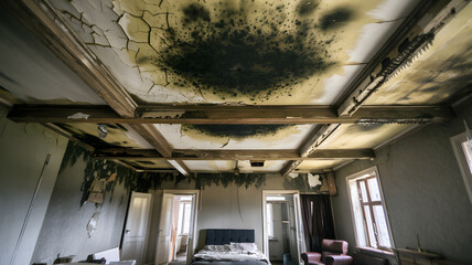 Moldy ceiling in apartment reveals neglect and potential health hazards, emphasizing the importance of regular maintenance and living conditions.