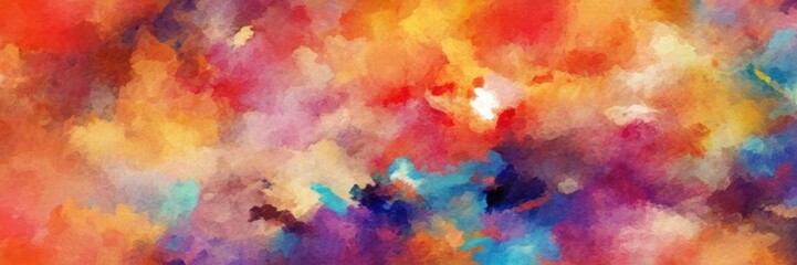 an abstract painting with a vibrant mix of colors. It features a blend of warm and cool tones, including reds, oranges, yellows, purples, blues, and pinks