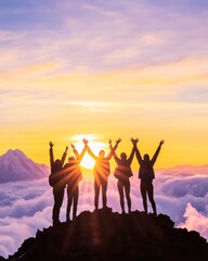 Hikers celebrating together at sunrise on mountain top