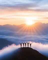 Group silhouetted against sunrise on a mountain top
