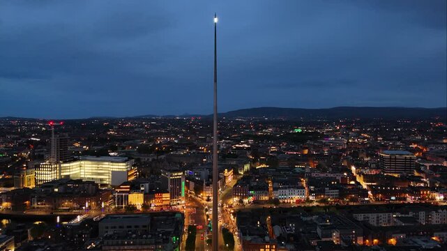 Aerial view of the Spire of Dublin at night, Ireland