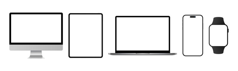 Apple iMac iPad Macbook iPhone 16 Pro Max and Watch Devices Mockup Template. Desktop Tablet PC Laptop Mobile Phone Smartwatch Realistic Modern Device Mockup Set Vector Illustration