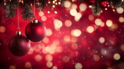 Festive Red Christmas Background with Hanging Ornaments and Snowflakes, Bokeh Lights, Copy Space. Perfect for Holiday Greetings, Winter Wonderland Themes, and Seasonal Designs.