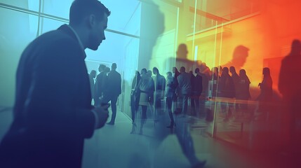 Silhouette of an employee in a meeting room, overlaid with an image of people leaving a corporate...