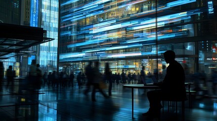 Silhouette of an employee in a meeting room, overlaid with an image of people leaving a corporate...