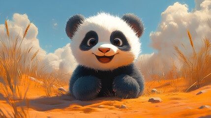 Fototapeta premium A cute, chubby panda sitting in a sunny, sandy environment, smiling happily.
