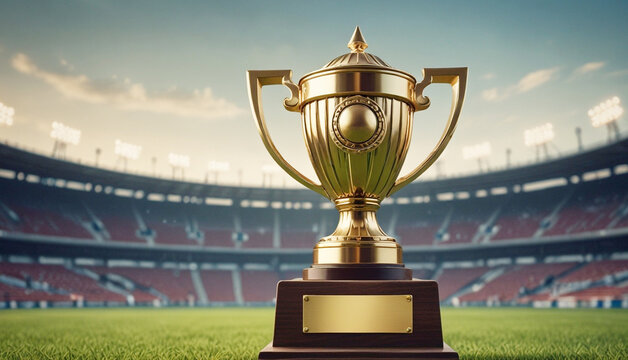 Champion trophy cup with empty stadium lights background, World  trophy cup. Generative AI