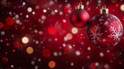 Festive Red Christmas Background with Hanging Ornaments and Snowflakes, Bokeh Lights, Copy Space. Perfect for Holiday Greetings, Winter Wonderland Themes, and Seasonal Designs.