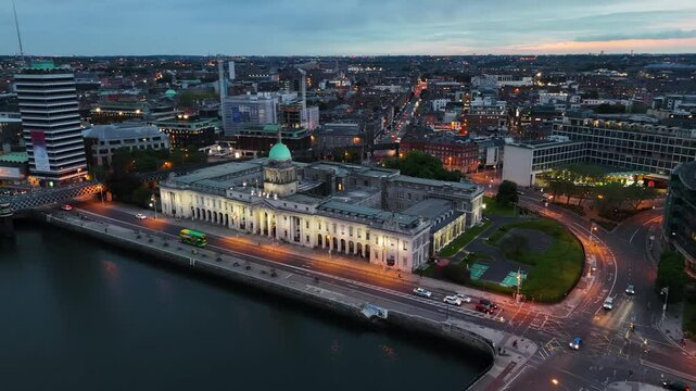 Night drone footage of The Custom House in Dublin, Ireland