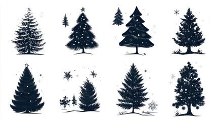 Obraz premium Design black silhouette illustrations of cute Christmas Tree in various activities ,with bold lines and simple design, placed on a white background 