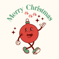 Groovy Christmas design featuring a cheerful ornament character with Merry Christmas and Ho Ho Ho text. Perfect for cards, t-shirts, invitations, decorations, and other holiday projects.