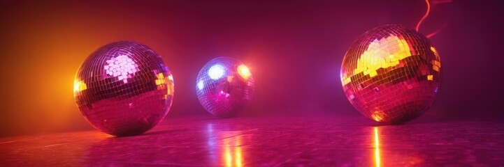  three shiny, metallic spheres placed on a reflective surface. The scene is illuminated with vibrant, colorful lighting, creating a dramatic effect. The sphere on the left is reflecting a warm, orange