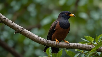 Fototapeta premium Common Myna bird sitting on a branch against green leaves.