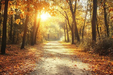 Obraz premium Autumn park pathway with sunbeams through trees