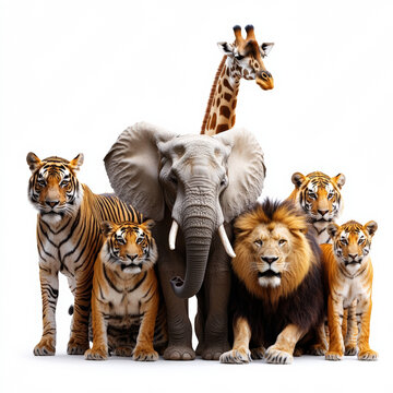 Photo of an elephant, and lion standing, with a giraffe in the background.