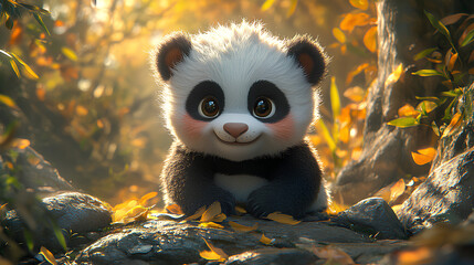 Fototapeta premium A cute panda sits among autumn leaves, radiating charm and innocence in a serene forest setting.