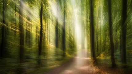 Blurred green forest pathway bathed in sunlight.
