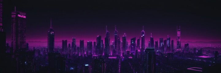 Fototapeta premium a digital artwork of a city skyline at night, featuring a futuristic and cyberpunk aesthetic. The skyline is composed of numerous skyscrapers with a variety of shapes and heights