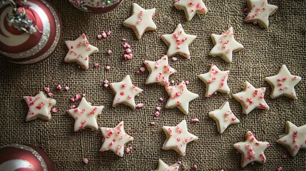 Flat lay of broken peppermint bark candy pieces scattered across a burlap surface, styled with star-shaped ornaments