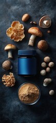 Diverse mushrooms and container of fine orange powder