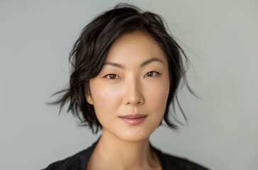 Fototapeta premium Portrait of an Asian woman with short hair, facing the camera directly in a front view against a light grey background, with a neutral expression on her face