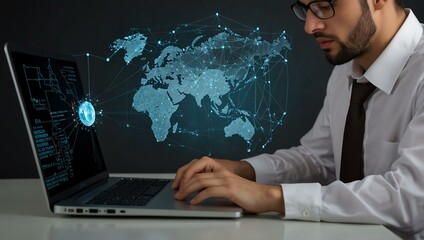 Computer programmer working on a laptop with global connections.