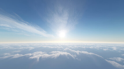 serene view of gentle blue sky with soft clouds and bright sun shining above, creating peaceful atmosphere
