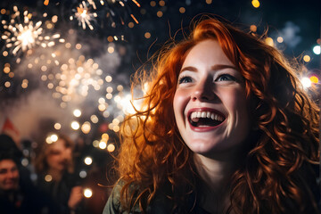 Woman enjoying magical festive New Year’s Eve with fireworks