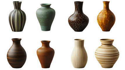 Set of decorative ceramic vases in various styles and shapes, isolated on white background for modern home decor and floral arrangements