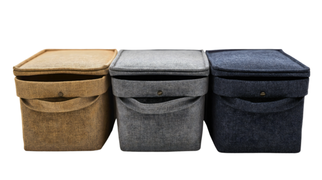 Foldable fabric storage container in white and black design, perfect for organizing clothes and supplies in modern home or closet