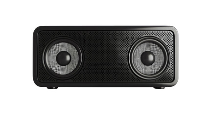 Obraz premium Portable wireless Bluetooth speaker with modern design, black color, and electronic controls on white background for music and audio entertainment