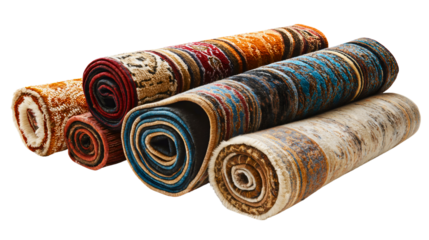 Rolled up woolen rug with soft texture and modern design, isolated on white background for home decor and textile pattern