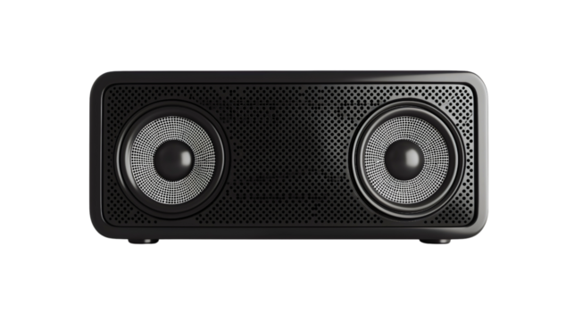 Portable wireless Bluetooth speaker with modern design, black color, and electronic controls on white background for music and audio entertainment