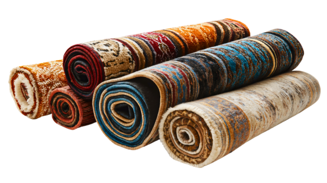 Rolled up woolen rug with soft texture and modern design, isolated on white background for home decor and textile pattern