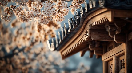 Traditional wooden temple roof with decorative carvings beneath a cherry blossom tree in full bloom, highlighting intricate architecture and natural beauty.