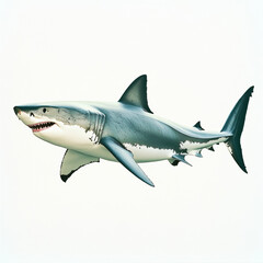 Naklejka premium A scientific-style photograph of a great white shark in a lateral view, set against a pure white background. 