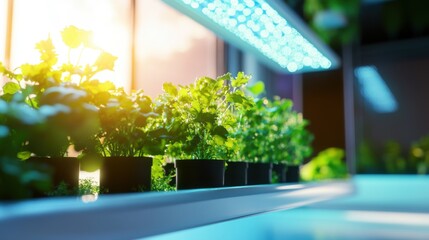 Lush Green Herb Garden Under Artificial Lights in Modern Hydroponic System with Glowing LED Panels and Sunlight Streaming Through Window