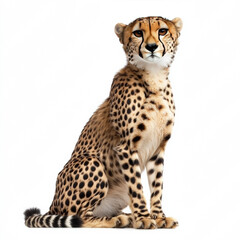 Cheetah looking straight ahead, sitting, looking powerful, white background 