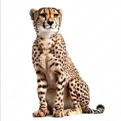 Cheetah looking straight ahead, sitting, looking powerful, white background 