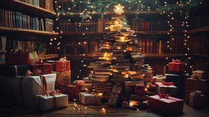 A cozy Christmas scene with a book tree surrounded by beautifully wrapped gifts and warm fairy lights, perfect for holiday spirit.