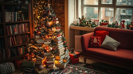 Fototapeta premium A cozy holiday living room with a beautifully decorated Christmas tree, warm lights, and a stack of books, evoking festive cheer.