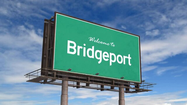 Welcome To Bridgeport Road Sign. Airplane Landing Connecticut Bridgeport USA.