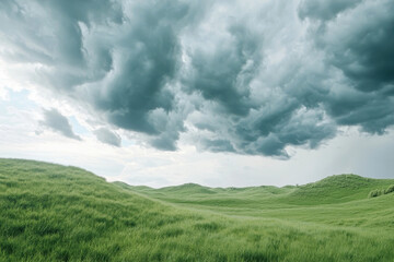 Dark storm clouds over lush green pastoral landscape