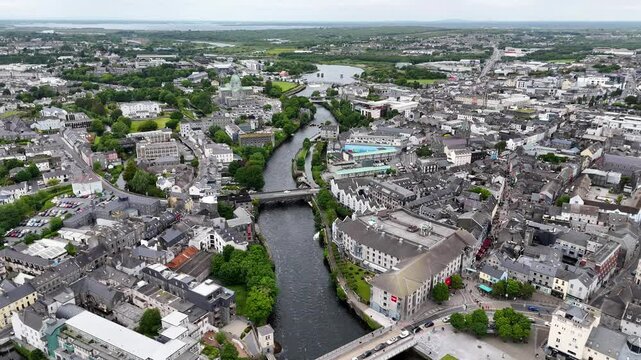 Aerial footage of Galway city, Ireland