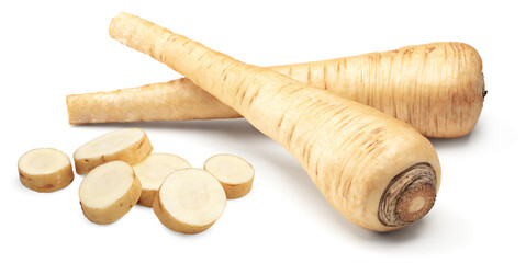 sliced parsnip root isolated on white background. clipping path