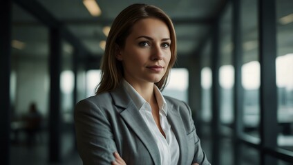 Confident businesswoman in a tech-inspired environment.