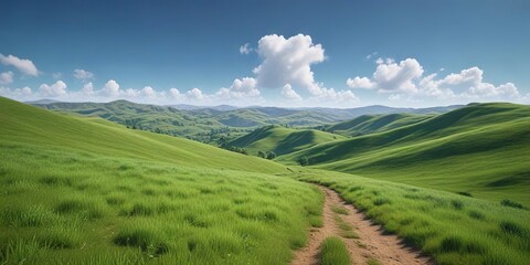 Obraz premium Rolling green hills with a backdrop of a blue sky, farming, countryside